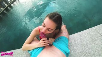 White Accidentally Cum in her Pussy near the Rooftop Pool - SolaZola Nylon