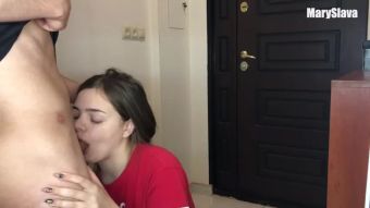 Licking Delivery Girl gives Sloopy Blowjob and Fucks with his Client Gay Dudes