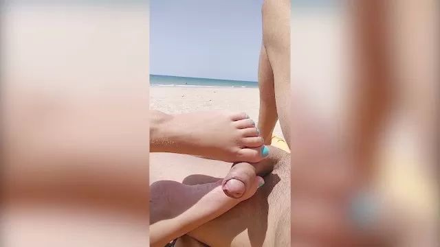 Jeans Nude Public Beach. Risky Footjob and Handjob by Strangers. almost Caught Orgame