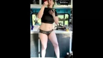 Twink Tattooed Alt Chick does Happy Food Dance in Underwear Footjob