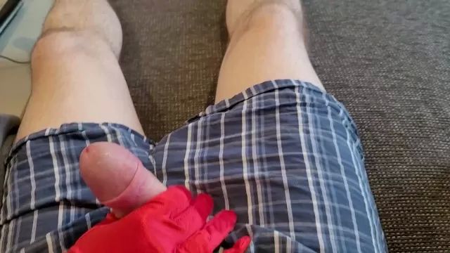 Masturbate POV Teasing Handjob from Stepsister - Cumshot on Red Satin Gloves Adult-Empire