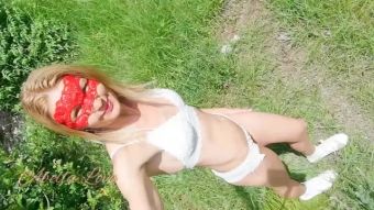 Fake Tits Hot Blonde taking off Clothes and Exposing her Skinny Body in Nature - Abella Love SpicyBigButt