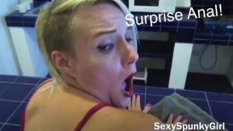 Footjob Anal Surprise ; Ass Fucked while Cleaning the Kitchen - Sexy Spunky Girl Doggie Style Porn