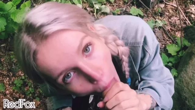 Doll Schoolgirl Sloppy POV Blowjob on Nature, Cums on Mouth Sis