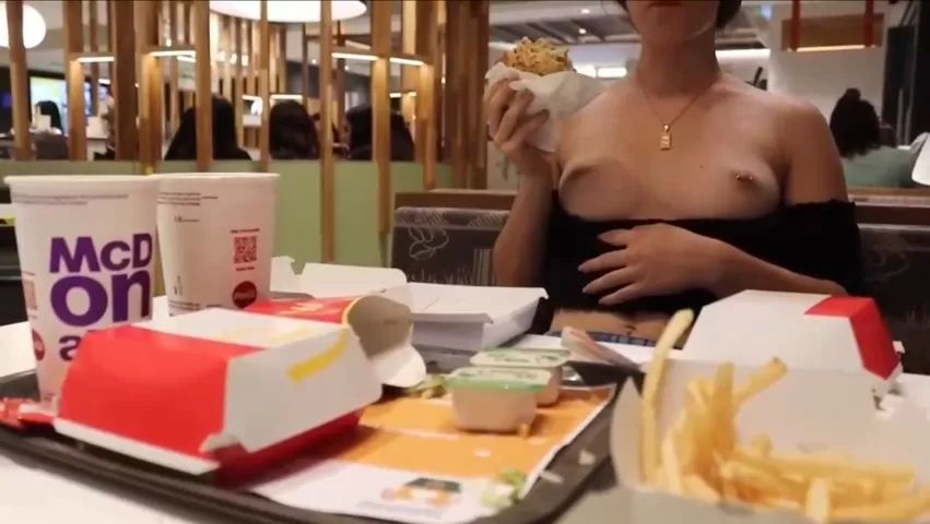 Natural Tits Showing off at Mc Donald's and touches strangers dick Fat