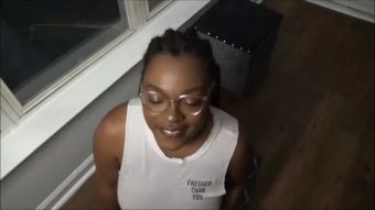 Footfetish Thick Ebony Girlfriend Sucks Cock as Neighbors Watch Piercings