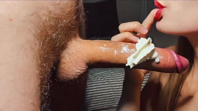 Big Tits Big Cock in Whipped Cream. Close up Blowjob with Cum in Mouth AdultFriendFinder