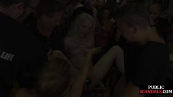 Goldenshower Bound public slut ordered to ride dick in crowded group Big Natural Tits