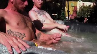 Mouth College straight guys jerk off in a hot tub showing off their low hangers Squirting
