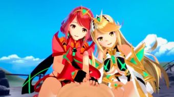 Gay Outdoors Xenoblade: THREESOME WITH PYRA AND MYTHRA (3D Hentai) Tight Cunt